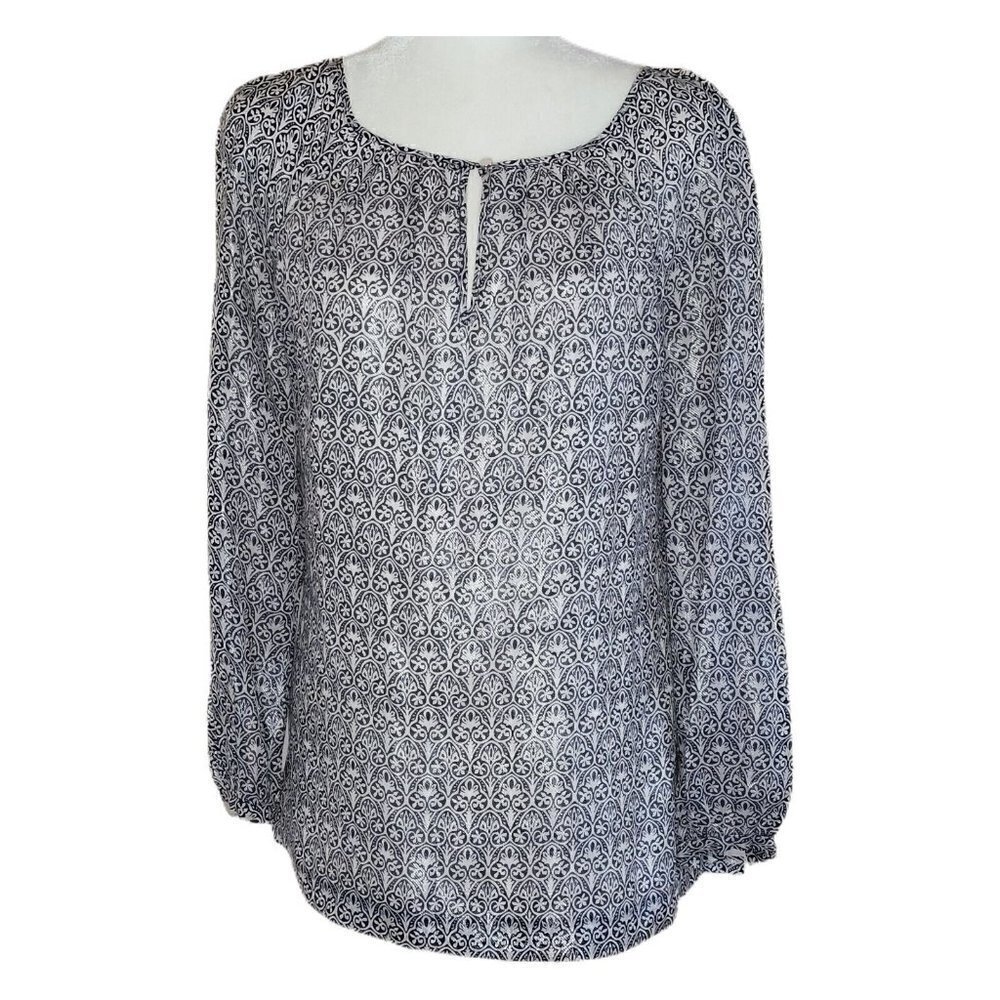 Tory Burch Stretch Silk Keyhole Neck Blue Metallic Long Sleeve Blouse Size 4